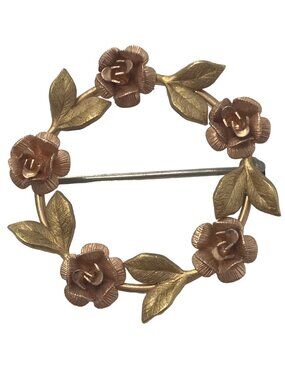 Krementz Gold Plated Round Leaf, Rose Pin Brooch, Signed M96